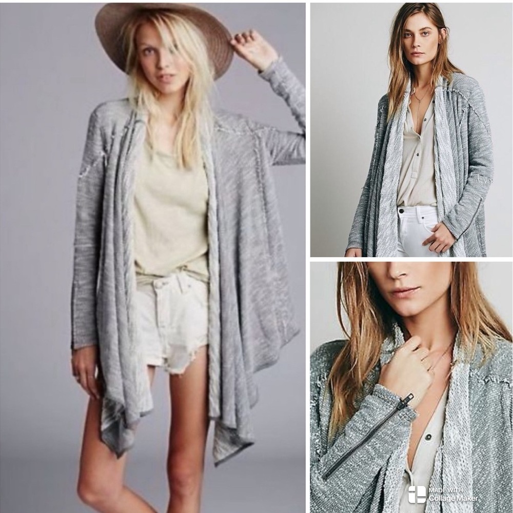 Free People In the Loop Cardigan in a grey and cream cotton-blend knit